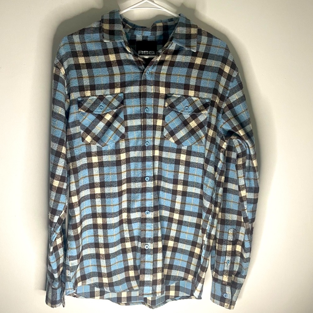 RSQ Soft Flannel Button Down with Button Pockets Light Blue Adult Small